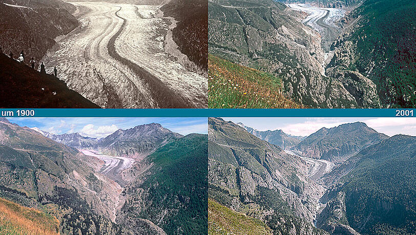 Der Aletschgletscher ist der flächenmässig größte und längste Gletscher der Alpen. Er befindet sich im Schweizer Kanton Wallis. Doch auch er schmilzt, wie die Bilder um 1900, 2001, 2015 und 2024 belegen. Der Aletschgletscher ist der flächenmässig größte und längste Gletscher der Alpen. Er befindet sich im Schweizer Kanton Wallis. Doch auch er schmilzt, wie die Bilder um 1900, 2001, 2015 und 2024 belegen.