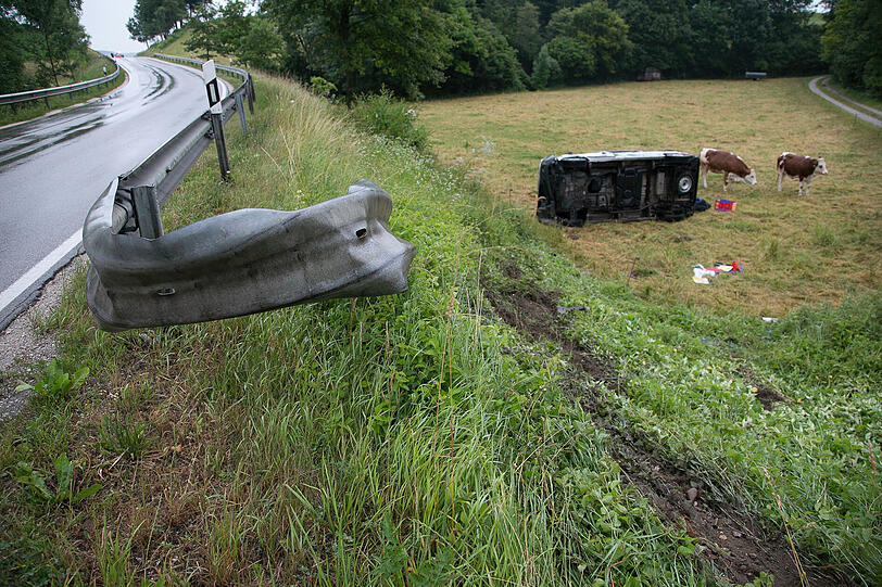 Der Transporter landete auf einer Kuhweide. Die Insassen wurden leicht verletzt. Vom Unfallverursacher fehlt jede Spur.