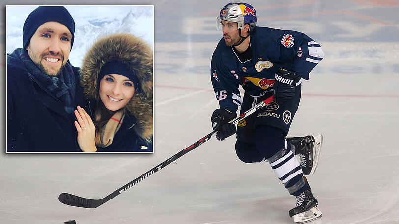 Daryl Boyle, Verteidiger des EHC Red Bull München, macht seiner Freundin Dwan Bannink einen Heiratsantrag.