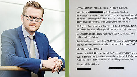 "Ich wende mich an Sie in einer für mich sehr wichtigen und persönlichen Angelegenheit", heißt es in den Protest-Postkarten. Und: "STIMMEN SIE NICHT für ein Verbot des Versandhandels mit rezeptpflichtigen Arzneimitteln." Wolfgang Stefinger wunderte sich über die Briefe.
