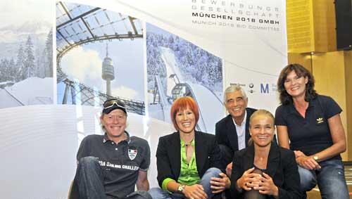 Die Olympiasieger Dieter Thoma (Skispringen, l-r), Kati Wilhelm (Biathlon), Erhard Keller (Eisschnelllaufen), Verena Bentele (Paralympics, Biathlon) und Ulrike Nasse-Meyfarth (Hochsprung) im Dienst für Münchens Olympiabewerbung Die Olympiasieger Dieter Thoma (Skispringen, l-r), Kati Wilhelm (Biathlon), Erhard Keller (Eisschnelllaufen), Verena Bentele (Paralympics, Biathlon) und Ulrike Nasse-Meyfarth (Hochsprung) im Dienst für Münchens Olympiabewerbung