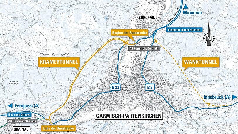 B 23 und B 2 verlaufen durch den Ort - dementsprechend belastet ist das Zentrum vom Verkehr. Zwei Tunnel sollen Abhilfe schaffen. Grafiken/Screenshot: Staatliches Bauamt Weilheim; Fotos: dpa; BeMo Tunnelling GmbH, Innsbruck B 23 und B 2 verlaufen durch den Ort - dementsprechend belastet ist das Zentrum vom Verkehr. Zwei Tunnel sollen Abhilfe schaffen. Grafiken/Screenshot: Staatliches Bauamt Weilheim; Fotos: dpa; BeMo Tunnelling GmbH, Innsbruck