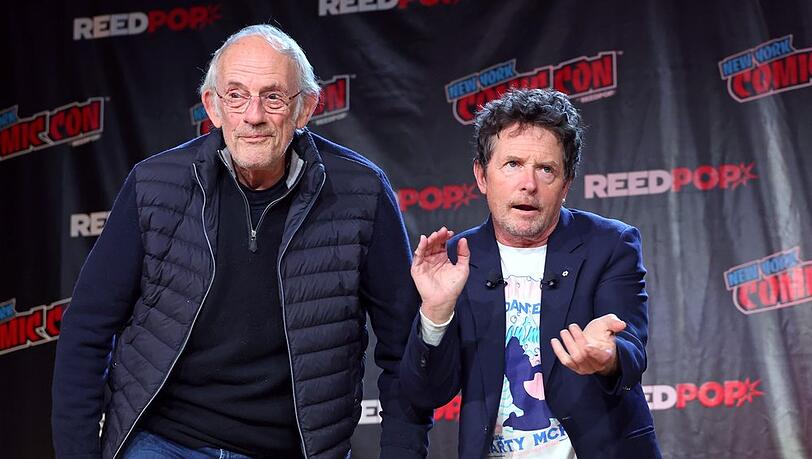 Christopher Lloyd (l.) und Michael J. Fox auf der Bühne der New York Comic Con.