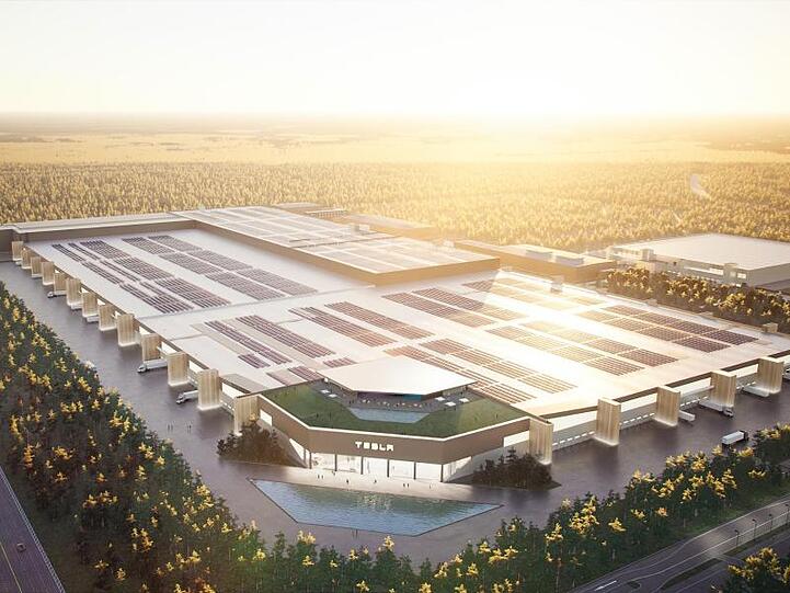 Das von Tesla zur Verfügung gestellte Handout zeigt eine graphische Darstellung der Tesla Gigafactory Berlin in Grünheide.