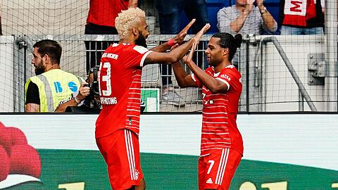 Die Bayern-Spieler Eric Maxim Choupo-Moting (l) und Serge Gnabry feiern den Sieg gegen Hoffenheim.