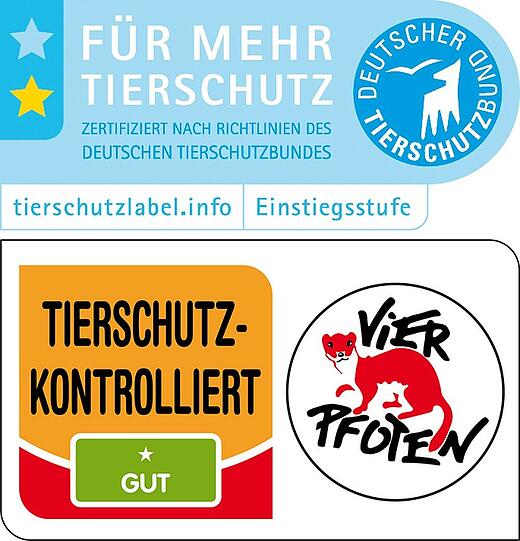Seit einem guten Jahr sind Produkte mit den Siegeln vom Deutschen Tierschutzbund und der Tierschutzorganisation Vier Pfoten im Handel.