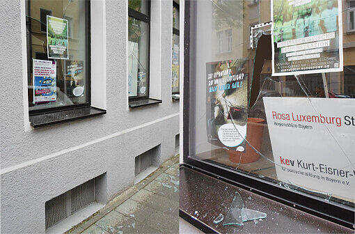 Glasscherben liegen am 24.05.2013 an der Außenfasssade des Büros der Rosa-Luxemburg-Stiftung Bayern in München.