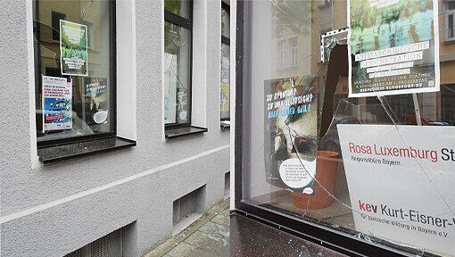 Glasscherben liegen am 24.05.2013 an der Außenfasssade des Büros der Rosa-Luxemburg-Stiftung Bayern in München.