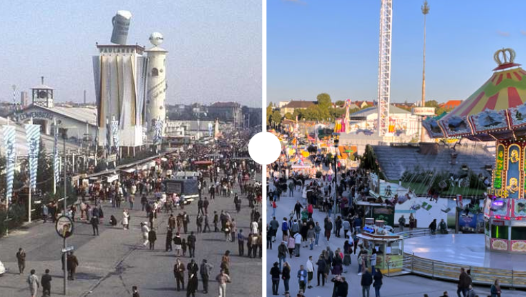 Links die Vergangenheit, rechts die Gegenwart: Schieben Sie sich mit unserem Tool durch alte und aktuelle Wiesn-Bilder.