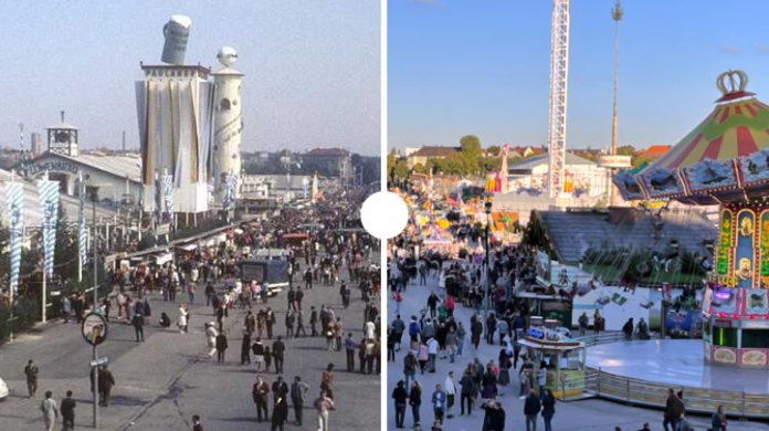 Links die Vergangenheit, rechts die Gegenwart: Schieben Sie sich mit unserem Tool durch alte und aktuelle Wiesn-Bilder.