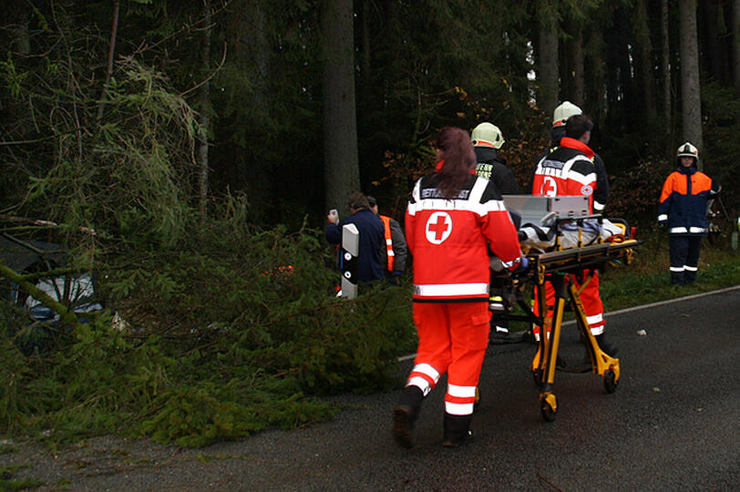 Baum zerquetscht Auto: Die Bilder vom Rettungseinsatz