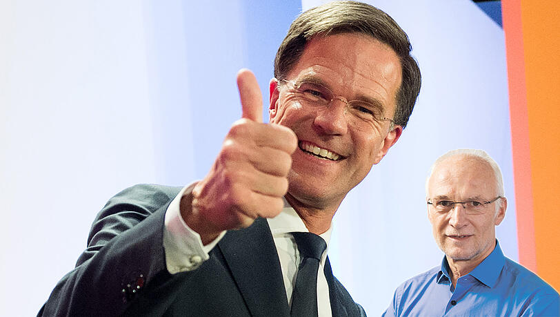 Gut gelaunt auf seiner Wahlparty: Mark Rutte. Gut gelaunt auf seiner Wahlparty: Mark Rutte.