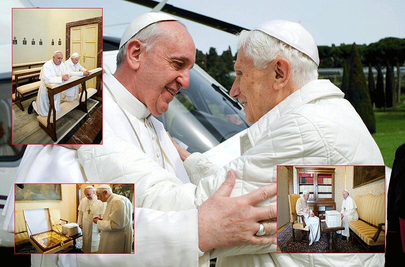 Papst Franziskus hat am Samstag seinen Vorgänger Benedikt besucht, dessen Rücktritt den Wechsel an der Spitze der katholischen Kirche ermöglicht hat. Zu diesem historischen Treffen zweier Päpste begrüßten sich laut Vatikan beide mit einer Umarmung auf dem Hubschrauberlandeplatz. Die Bilder von dem historischen Treffen.