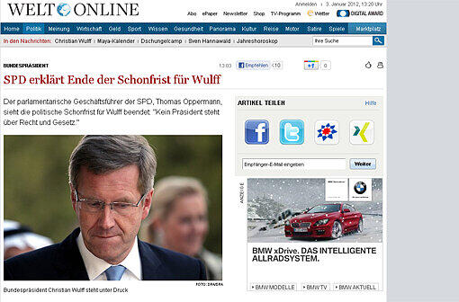 "SPD erklärt Ende der Schonfrist für Wulff", schreibt die Welt.