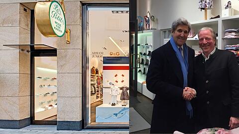 Nach 50 Jahren ist&rsquo;s vorbei: "Les Petits Kindermoden" in der Altstadt muss schließen - Michael Schmitz mit US-Politiker John Kerry (l.).