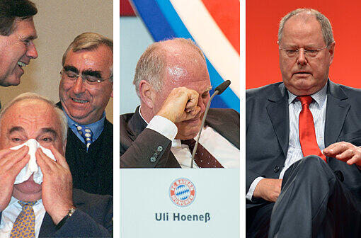 Helmut Kohl galt als nahe am Wasser gebaut: Hier hört er 1998 eine Laudatio auf sich selbst, Michael Glos und Theo Waigel reagieren ganz anders. Und auch Peer Steinbrücks weint in der Öffentlichkeit. Hier sein gefühlvoller Aussetzer im Sommer des Wahlkampfs. Und natürlich Uli Hoeneß bei der Jahreshauptversammlung.