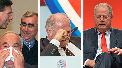 Helmut Kohl galt als nahe am Wasser gebaut: Hier hört er 1998 eine Laudatio auf sich selbst, Michael Glos und Theo Waigel reagieren ganz anders. Und auch Peer Steinbrücks weint in der Öffentlichkeit. Hier sein gefühlvoller Aussetzer im Sommer des Wahlkampfs. Und natürlich Uli Hoeneß bei der Jahreshauptversammlung.