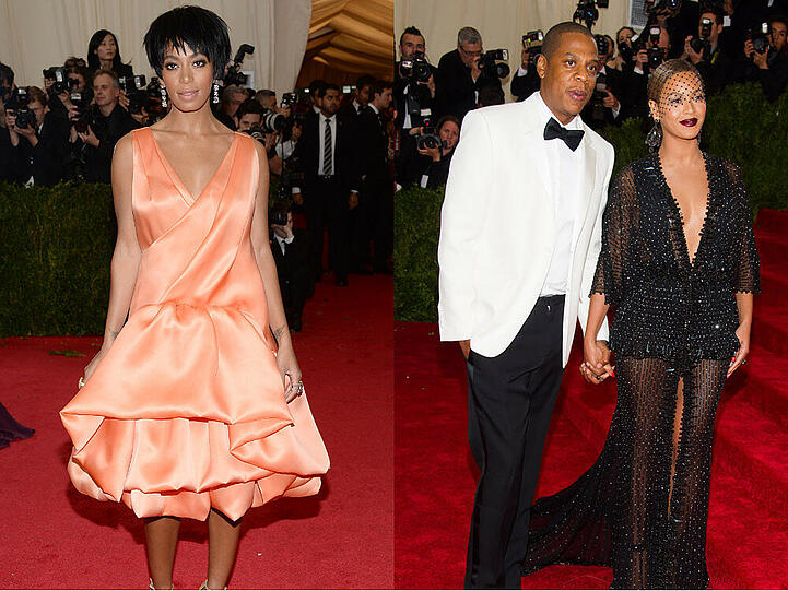 Solange, Jay-Z und Beyoncé (v.l.n.r.) auf dem roten Teppich am Rande der Met-Gala in New York
