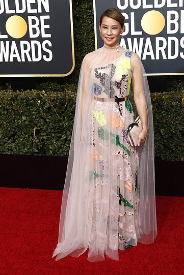 Flop: Eine schöne Abendrobe von Galia Lahav, die Lucy Liu bei den Golden Globes trägt. Wären da nicht die etwas obskur angeordneten Pailletten.