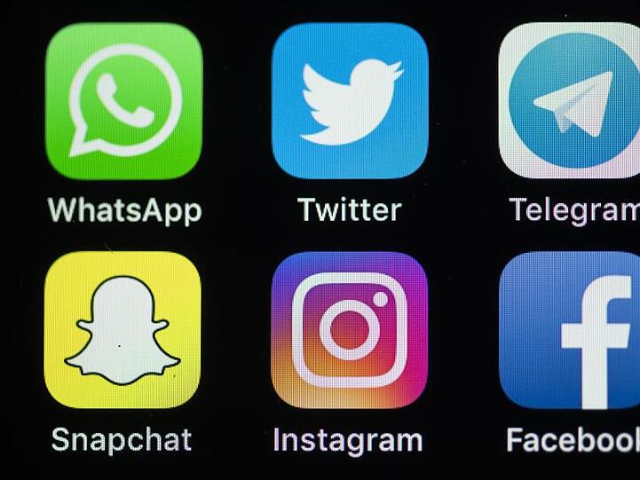 Die Logos von WhatsApp (obere Reihe l-r), Twitter und Telegram.