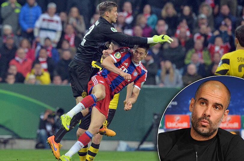 Pep Guardiola weiß noch nicht, ob er Robert Lewandowski gegen Barcelona aufstellen kann. Der Stürmer hatte sich bei einem Zusammenstoß mit BVB-Torhüter Mitch Langerak einen Kiefer- und Nasenbeinbruch sowie eine Gehirnerschütterung zugezogen.