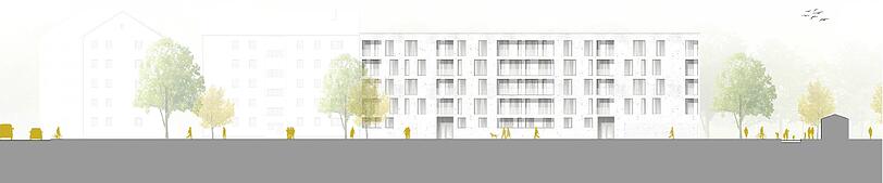 Visualisierung des Wettbewerbssiegers: Die Ansicht des Bauprojekts von Osten an der Siglstraße.