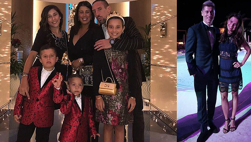 Links: Die Ribéry-Familie in Dubai. Rechts Robert Lewandowski und seine Anna.