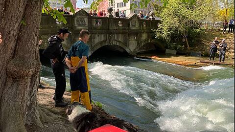 Wellentest am Freitagmittag (17.4.). Noch liegt hier die Gitterkonstruktion nicht im Wasser. Nur eine Miniwelle ist auf der Holzseite des Eisbachs zu sehen.
