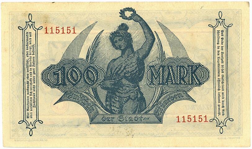 Der Münchner Grafiker und Schriftgestalter Franz Paul Glass zeichnet für den 100-Mark-Notgeldschein aus dem Jahr 1922 die Bavaria.