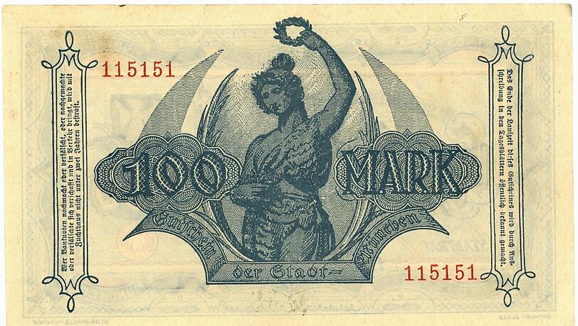 Der Münchner Grafiker und Schriftgestalter Franz Paul Glass zeichnet für den 100-Mark-Notgeldschein aus dem Jahr 1922 die Bavaria.