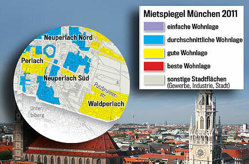 Die Lage macht&rsquo;s: Je nach farblicher Markierung fällt auch die Grundmiete unterschiedlich hoch aus. Der Mietspiegel gilt ab 20. März 2013. Wohnen Sie in bester Lage? Einfach weiterklicken!