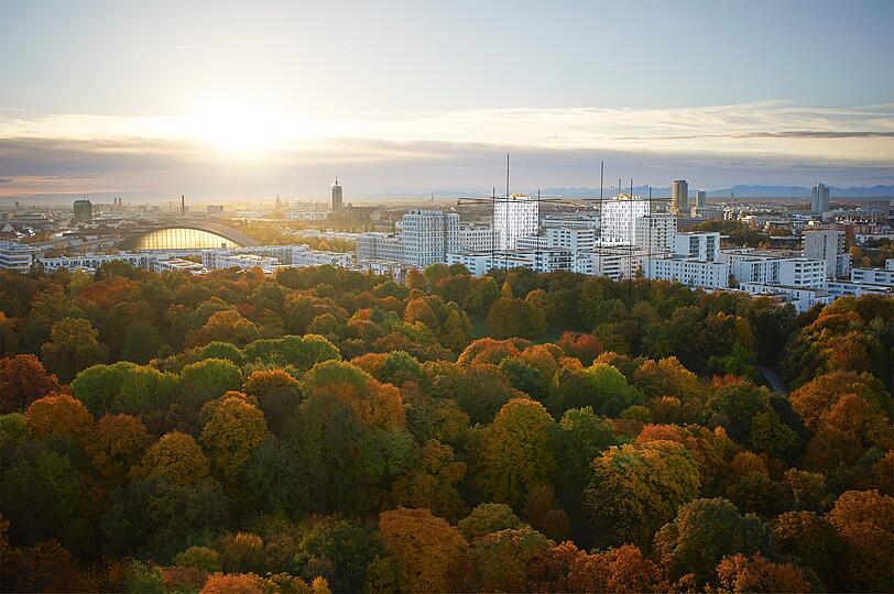 Ein Blick aus dem Nordwesten auf das geplante Projekt, das leuchtend hervorgehoben ist.