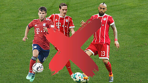 Abschied vom FC Bayern: Juan Bernat (l., Paris Saint-Germain), Sebastian Rudy (Schalke 04) und Arturo Vidal (r., FC Barcelona).