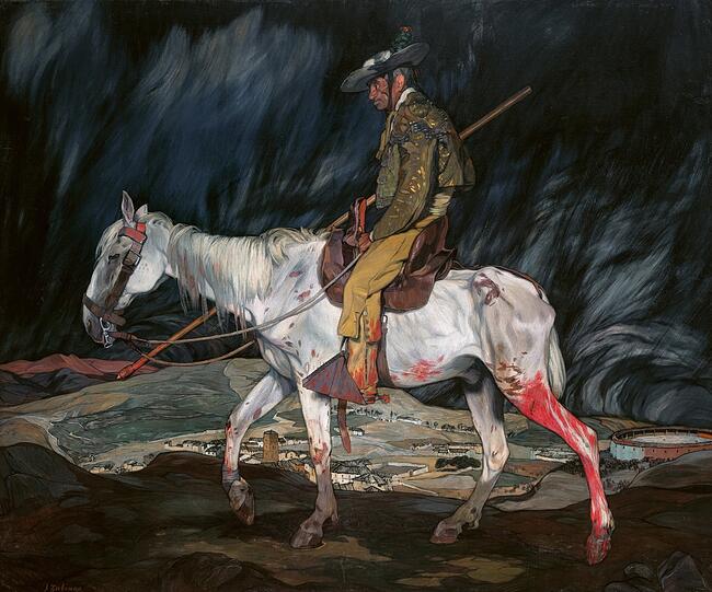 Ein Ritter der allertraurigsten Gestalt gibt mit seiner Schindmähre "Das Opfer der Fiesta", 1910. Ignacio Zuloaga hat mit dem über drei Meter breiten Gemälde für erbitterte Debatten gesorgt, denn so wollten sich die Spanier nicht sehen. Das Bild hängt normalerweise in New York in der Hispanic Society - als Leihgabe des Museo de Bellas Artes de Bilbao.