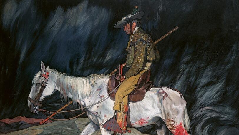 Ein Ritter der allertraurigsten Gestalt gibt mit seiner Schindmähre "Das Opfer der Fiesta", 1910. Ignacio Zuloaga hat mit dem über drei Meter breiten Gemälde für erbitterte Debatten gesorgt, denn so wollten sich die Spanier nicht sehen. Das Bild hängt normalerweise in New York in der Hispanic Society - als Leihgabe des Museo de Bellas Artes de Bilbao. Ein Ritter der allertraurigsten Gestalt gibt mit seiner Schindmähre "Das Opfer der Fiesta", 1910. Ignacio Zuloaga hat mit dem über drei Meter breiten Gemälde für erbitterte Debatten gesorgt, denn so wollten sich die Spanier nicht sehen. Das Bild hängt normalerweise in New York in der Hispanic Society - als Leihgabe des Museo de Bellas Artes de Bilbao.