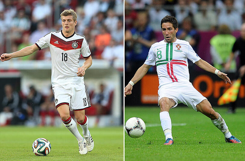 KROOS &ndash; MOUTINHO: Der eher ruhige Typ Moutinho vom AS Monaco ist ein feiner Fußballer, mit guter Technik. Aber noch besser und auch nach hinten verlässlicher ist Kroos. Dennoch: Ein Remis. Wenn einer aus Portugals Elf nach vorne was zu bieten hat, dann Moutinho.&ldquo; Stand: 6:2