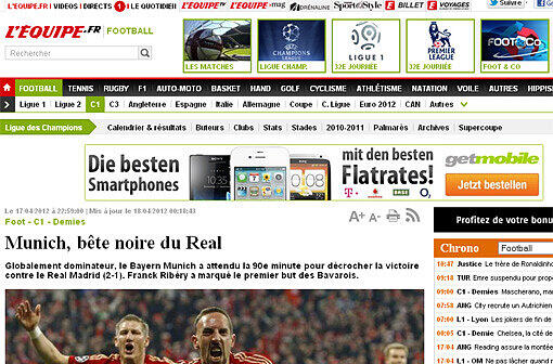 &bdquo;L'Équipe&ldquo; (Frankreich): &bdquo;Von einem explosiven Ribéry angetrieben haben die Deutschen die spanische Armada zum Kentern gebracht. Angesichts der Intensität dieser ersten Begegnung zeichnet sich für nächsten Mittwoch in Madrid ein fantastisches Halbfinal-Spiel ab.&ldquo;