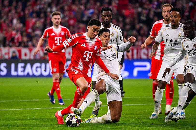Gl&auml;nzte im Champions-League-Viertelfinalr&uuml;ckspiel gegen Real Madrid mit einer Vorlage: Bayern-Superstar Jamals Musiala (im Zweikampf mit Kumpel Jude Bellingham).