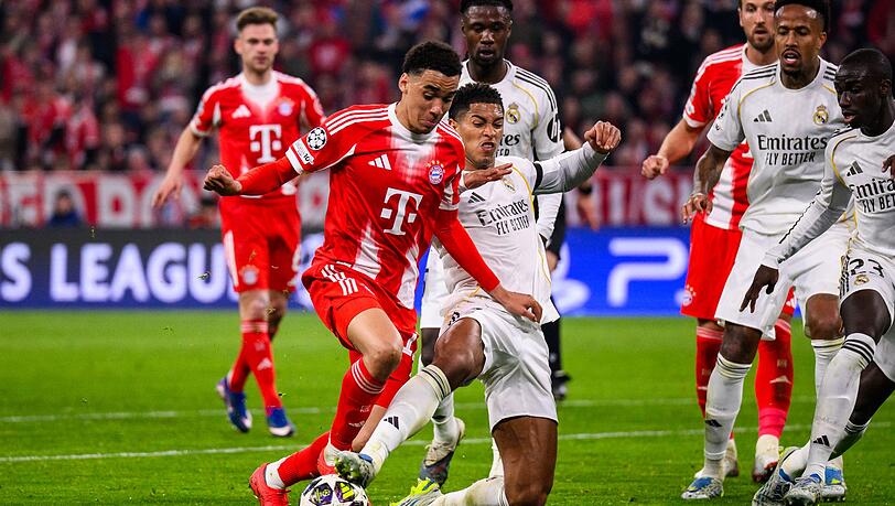 Gl&auml;nzte im Champions-League-Viertelfinalr&uuml;ckspiel gegen Real Madrid mit einer Vorlage: Bayern-Superstar Jamals Musiala (im Zweikampf mit Kumpel Jude Bellingham).