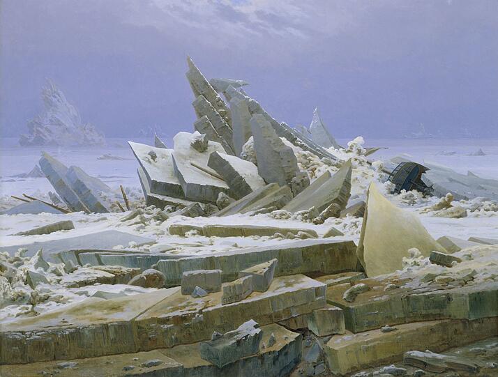 Gegen die Naturgewalt hat der Mensch keine Chance: In Caspar David Friedrichs "Eismeer" von 1823/24 begraben die sich auftürmenden Schollen ein Segelschiff. Friedrich hat Studien von der zwei Jahre zuvor gefrorenen Elbe verwendet, das Thema der Polarexpedition lag damals in der Luft - oft mit tödlichem Ausgang.