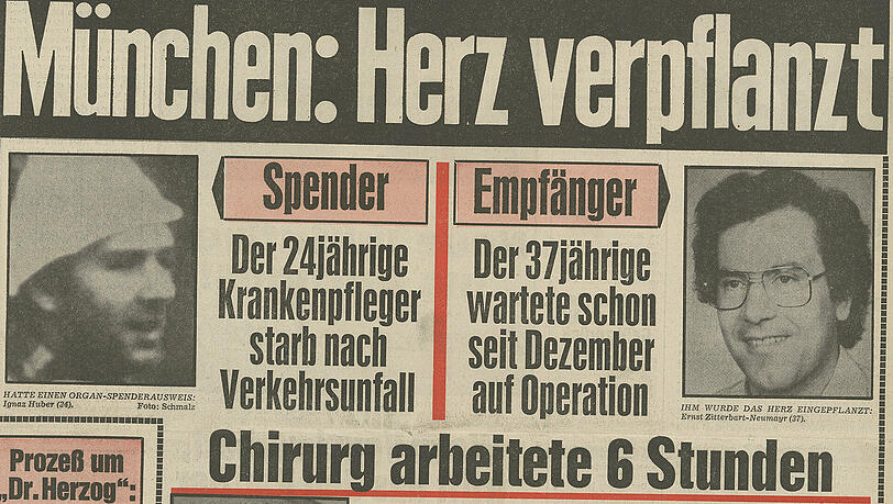 1981 - Spender und Empfänger: Nach zwölf Jahren wurde in München wieder eine Herztransplantation vorgenommen – von Professor Fritz Sebening, damals 51. Eine medizinische Sensation. Die AZ schilderte in ihrer Gründlichkeit auch die Vita des Organspenders. Ein Krankenpfleger namens Ignaz Huber aus Moosinning war bei einem Verkehrsunfall ums Leben gekommen. Sein Herz schlug dann in einem Münchner Kaufmann weiter. 1981 - Spender und Empfänger: Nach zwölf Jahren wurde in München wieder eine Herztransplantation vorgenommen – von Professor Fritz Sebening, damals 51. Eine medizinische Sensation. Die AZ schilderte in ihrer Gründlichkeit auch die Vita des Organspenders. Ein Krankenpfleger namens Ignaz Huber aus Moosinning war bei einem Verkehrsunfall ums Leben gekommen. Sein Herz schlug dann in einem Münchner Kaufmann weiter.