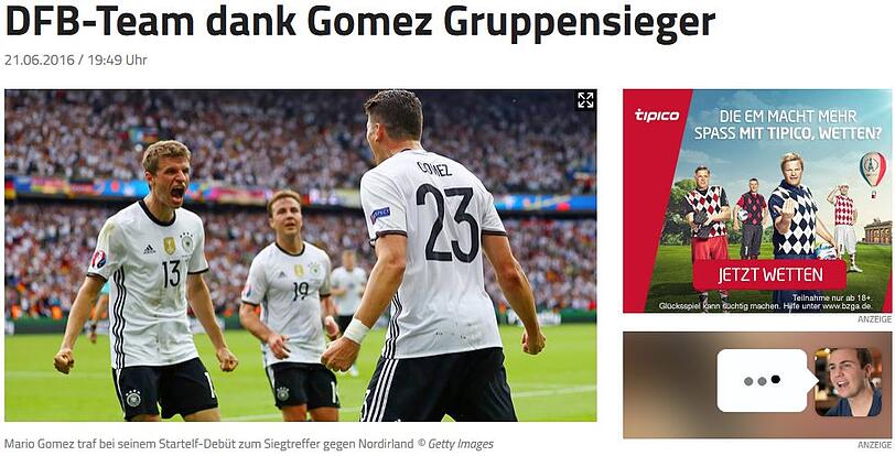 Sport 1 bedankt sich beim Torschützen Mario Gomez.