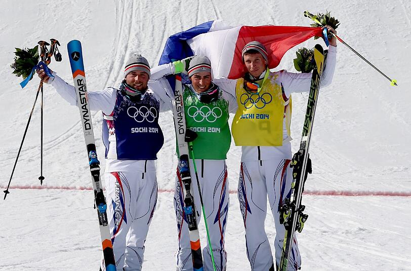 Drei jubelnde Franzosen: (v.l.n.r) Arnaud Bovolenta (Silber), Jean Frederic Chapuis (Gold) und Jonathan Midol (Bronze).
