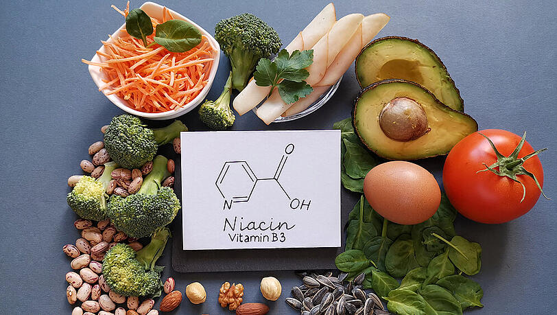 Niacin ist ein beliebter Wirkstoff für Kosmetik, ist aber in bestimmter Form auch in Fleisch und Früchten enthalten Niacin ist ein beliebter Wirkstoff für Kosmetik, ist aber in bestimmter Form auch in Fleisch und Früchten enthalten