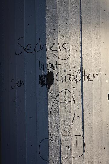 Die Löwen haben derzeit nicht den größten Erfolg. Vielleicht prahlt der Urheber dieser Wandmalerei deshalb mit einem Körperteil. So oder so, es geht immer um den Zank, wer besser ist.