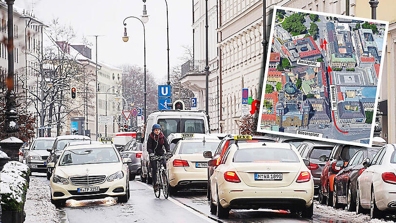 Ein schönes Durcheinander: Autos, Radler und Fußgänger kommen sich in der Brienner Straße (hier auf Höhe Amiraplatz) oft in die Quere.
