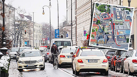 Ein schönes Durcheinander: Autos, Radler und Fußgänger kommen sich in der Brienner Straße (hier auf Höhe Amiraplatz) oft in die Quere.