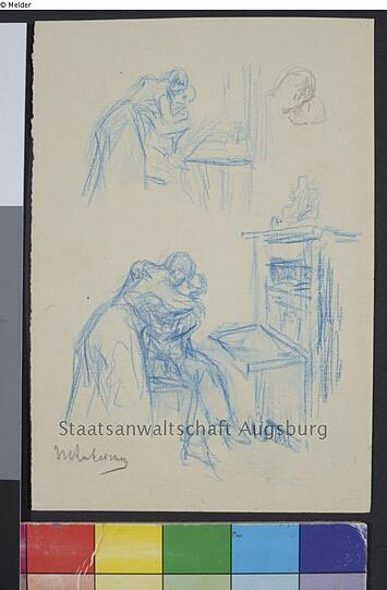 Max Liebermann: "Küssendes Paar am Schreibtisch und Kopfstudie"
