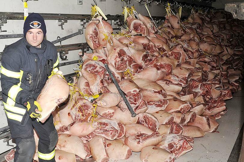 Weil ein Laster auf der A92 von der Fahrbahn abgekommen und gekippt ist, mussten am MIttwoch 20 Tonnen Schweinefleisch geborgen werden.