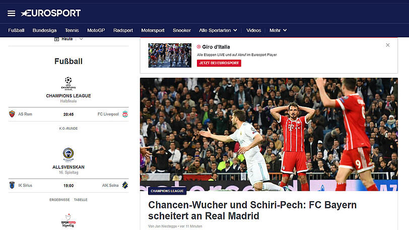 Eurosport: "Chancen-Wucher und Schiri-Pech. FC Bayern scheitert an Real Madrid"